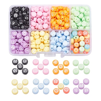 480Pcs 8 Style Opaque Acrylic Beads, Flat Round with Mixed Shapes, Mixed Color, 7x3~4mm, Hole: 1.5mm, about 60pcs/style