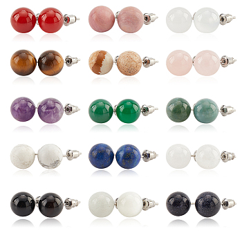 15 Pairs 15 Style Natural & Synthetic Mixed Gemstone Round Stud Earrings, Stainless Iron Jewelry for Women, 21~22x10~11mm, Pin: 0.8mm, 1 Pair/style