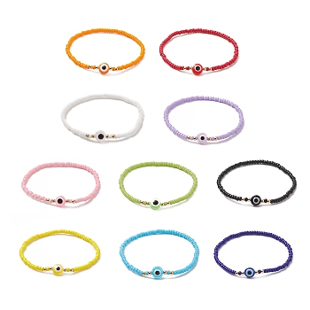 10Pcs 10 Color Resin Evil Eye & Glass Seed Beaded Stretch Bracelets Set for Women, Mixed Color, Inner Diameter: 2 inch(5.1cm), 1Pc/color