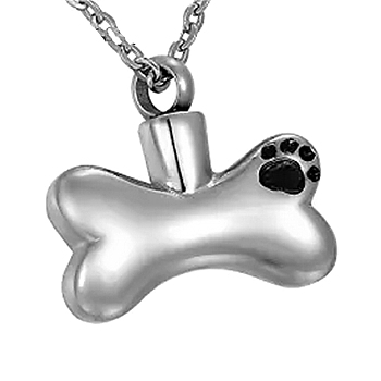 Titanium Steel Dog Bone with Paw Print Pendant Necklaces, Urn Ashes Necklaces, Stainless Steel Color, 21.65 inch(55cm)