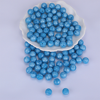 Round Silicone Focal Beads, Chewing Beads For Teethers, DIY Nursing Necklaces Making, Sky Blue, 15mm, Hole: 2mm
