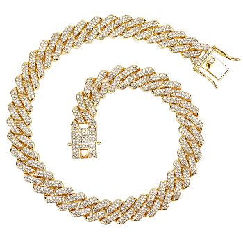 Crystal Rhinestone Tennis Necklace, Alloy Cuban Link Chain Necklace with Snap Lock for Women, Golden, 16 inch(40.7cm)