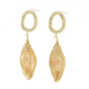 Natural Pearl Twist Teardrop Dangle Studs Earrings, Brass Wire Wrap Earrings for Women, Real 14K Gold Plated, 46x13mm