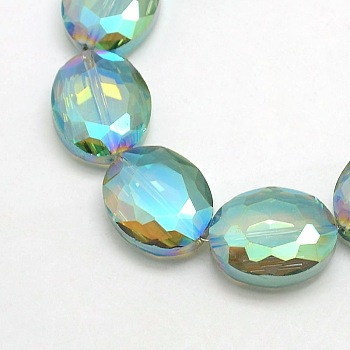 Faceted Electroplate Crystal Glass Oval Beads Strands, Rainbow Color Plated, Medium Aquamarine, 20x16x8mm, Hole: 1mm, about 35pcs/strand, 27.5 inch