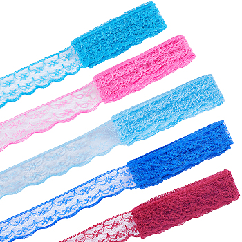 5 styles Lace Trim, Polyester Flower Elastic Ribbon Edge Trimmings, for Bridal Wedding Decorations and Sewing DIY Making, Mixed Color, 1/2~7/8 inch(12~22mm)