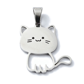 304 Stainless Steel Pendants, Laser Cut, Cat Charm, Stainless Steel Color, 23x20x1.5mm, Hole: 7x4mm