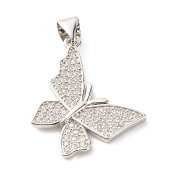 Brass Micro Pave Clear Cubic Zirconia Pendants, Cadmium Free & Lead Free, Butterfly, Platinum, 29x20x2mm, Hole: 4x3.5mm