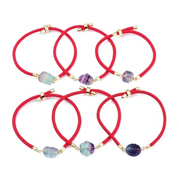 Adjustable Nylon Cord Slider Bracelets, Bolo Bracelets, with Natural Fluorite and Golden Plated Brass Findings, Mixed Shapes, Red, Inner Diameter: 2-5/8 inch(6.6cm)