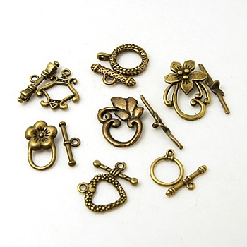 Fermoirs T de style tibétain , forme mixte, bronze antique, toggle:12~29x9~24x1~4 mm, Trou: 1~2mm, bar: 11~32x5~10x1.5~5 mm, trou: 1~4 mm.