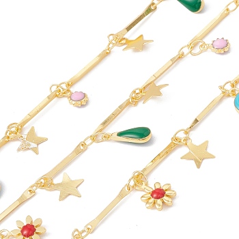Handmade Eco-friendly Brass Bar Link Chain, with Enamel Flower & Teardrop & Ring & Star Charms, Real 18K Gold Plated, Lead Free & Cadmium Free, Soldered, with Spool, Colorful, 13.5x1x1mm