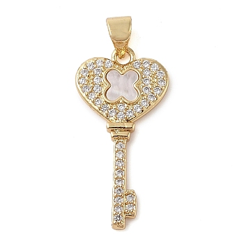 Brass Micro Pave Clear Cubic Zirconia Pendant, with Shell, Key, Real 18K Gold Plated, 27.5x14x2mm, Hole: 4x3mm