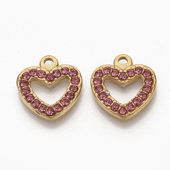 Golden Tone 304 Stainless Steel Pendants, with Rhinestone, Heart, Rose, 15x14x2mm, Hole: 1.5mm