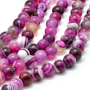 Natural Striped Agate/Banded Agate Bead Strands, Round, Grade A, Dyed & Heated, Deep Pink, 6mm, Hole: 1mm, about 61pcs/strand, 15 inch
