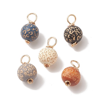 Painted Natural Wood Pendants, Round Charms with Leopard Print, with Eco-Friendly Light Gold Plated Copper Wire Loops, Mixed Color, 17x10mm, Hole: 3.8mm