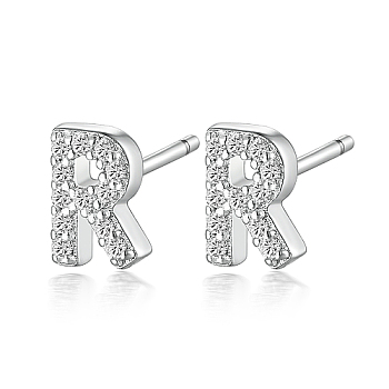 Rhodium Plated 925 Sterling Silver Initial Letter Stud Earrings, with Cubic Zirconia, Platinum, Letter R, 5x5mm