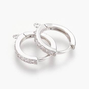 Brass Micro Pave Cubic Zirconia Huggie Hoop Earring Findings, Clear, Platinum, 16x14x2mm, Hole: 1mm, Pin: 1mm