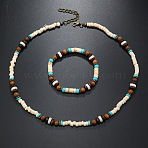 Bohemian Style Coconut Shell with Synthetic Turquoise Rondelle Beaded Necklaces & Bracelets Sets, Old Lace, 400~500mm(FS-WG8D889-02)