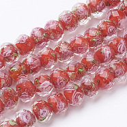 Handmade Gold Sand Lampwork Beads Strands, Inner Flower, Faceted Rondelle, Red, 9~10x7~8mm, Hole: 2mm, about 60pcs/strand, 17.3 inch(LAMP-SZ0001-28D)