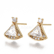Brass Stud Earring Findings, with Loop and Cubic Zirconia, Nickel Free, Real 18K Gold Plated, Fan, Clear, 10x9mm, Hole: 0.8mm, Pin: 0.8mm(X-KK-T038-472G)
