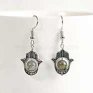 Natural Crystal Stone Hamsa Hand & Round Dangle Earrings, Handmade Sweet Ear Jewelry, Platinum, Gray(UB8598-7)