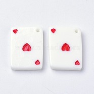 Resin Pendant, Playing Card Shape with Heart, Red, 21~22x15.5~16.5x2.4~3.5mm, Hole: 1.6mm(FIND-Z002-04A)