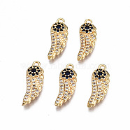 Brass Micro Pave Cubic Zirconia Pendants, Nickel Free, Wing, Real 18K Gold Plated, 16x6x2mm, Hole: 1.2mm(KK-Q277-072-NF)