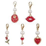 Valentine's Day Alloy Enamel Pendants Decorations, Pearl Beads and 304 Stainless Steel Lobster Claw Clasps Charms, Heart/Rose/Lip/Key, Red, 35~43mm(HJEW-JM01245)