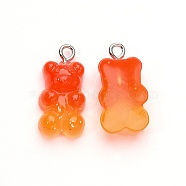 Gradient Color Opaque Resin Pendants, with Glitter Powder and Platinum Tone Iron Peg Bails, Bear, Orange Red, 21x11x6.5mm, Hole: 2.0mm(RESI-R433-02H)