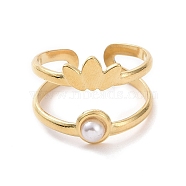 Plastic Imitation Pearl Beaded Leaf Open Cuff Ring, Titanium Steel Jewelry for Women, Golden, Inner Diameter: 19mm(KK-A181-VF508)