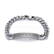 Religion 304 Stainless Steel Cuban Link Chain Bracelets, with Lobster Claw Clasps, Cross, Stainless Steel Color, 8-1/2 inch(21.5cm)(BJEW-P263-H01-P)