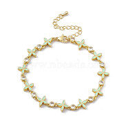 Pale Green Enamel Flower & Cubic Zirconia Link Chain Bracelet, Brass Jewelry for Women, Golden, 7-1/2 inch(19.1cm)(BJEW-P288-11G)