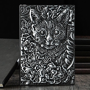3D Embossed PU Leather Notebook, A5 Cat & Flower Pattern Journal, for School Office Supplies, Antique Silver, 215x145mm(OFST-PW0009-006D)