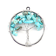 Synthetic Turquoise Tree fo Life Pendants, Iron Ring Chip Gems Tree Charms, Platinum, 30mm(WG82707-05)
