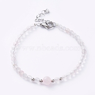 Natural Rose Quartz Beaded Bracelets, with Brass Beads, 304 Stainless Steel Lobster Claw Clasps & Heart Link Chains, 7-1/2 inch(19cm)(BJEW-JB05055-03)