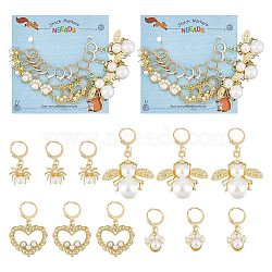Alloy & Rhinestone & Acrylic Imitation Pearl Pendant Locking Stitch Markers, 304 Stainless Steel Leverback Earring Stitch Marker, Bee/Heart/Spider, Light Gold, 3~5cm, 4 style, 3pcs/style, 12pcs/set(HJEW-AB00117)