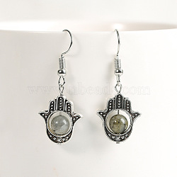 Natural Crystal Stone Hamsa Hand & Round Dangle Earrings, Handmade Sweet Ear Jewelry, Platinum, Gray(UB8598-7)