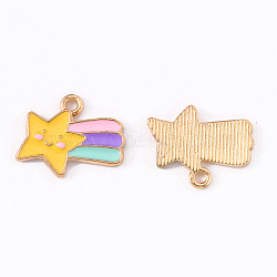Alloy Enamel Pendants, Smiling Face Meteor with Rainbow, Light Gold, Yellow, 14x17x1.5mm, Hole: 1.6mm(X-ENAM-R136-06)