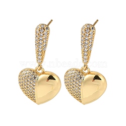 Brass Pave Cubic Zirconia Stud Earrings for Women, Heart, Real 16K Gold Plated, 31.5x16.5mm(EJEW-M258-09G)