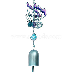 Butterfly Vintage Metal Enamel Wind Chime, with Aluminum Bell, Outdoor Hanging Ornaments, Turquoise, 170x110x73mm(PW-WG15492-08)