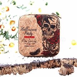 Portable Skull Printed Square Cork Wood Jewelry Packaging Zipper Box for Necklaces Earrings Storage, Flower, 10x10x5cm(PW-WG58346-01)