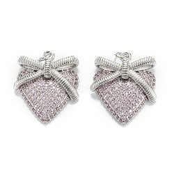 Brass Micro Pave Cubic Zirconia Pendants, Long-Lasting Plated, Heart with Bowknot, Platinum, 24.5x20.5x5mm, Hole: 3.4mm, Jump Ring: 5x0.8mm(ZIRC-G170-18P)