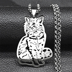 304 Stainless Steel Box Chain Hollow Cute Cat Pendant Necklaces, Stainless Steel Color, 19.37 inch(49.2cm)(NJEW-S003-09P)