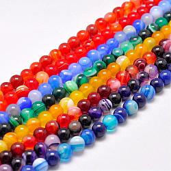 Natural Striped Agate/Banded Agate Bead Strands, Dyed & Heated Color, Round, Grade A, Mixed Color, 10mm, Hole: 1mm, about 39pcs/strand, 15.2 inch(387mm)(G-G962-10mm-M)