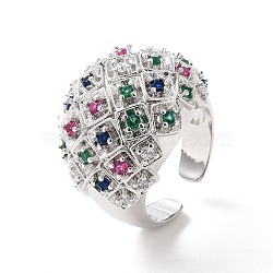 Colorful Cubic Zirconia Dome Open Cuff Ring, Brass Wide Ring for Women, Platinum, US Size 7 3/4(17.9mm)(RJEW-G270-05P)