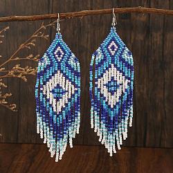 Bohemian Style Tassel Dangle Earrings, with Geometric Glass Beads Handmade, Platinum, Blue, 120x32mm(YF4203-2)