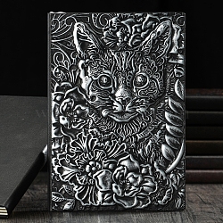 3D Embossed PU Leather Notebook, A5 Cat & Flower Pattern Journal, for School Office Supplies, Antique Silver, 215x145mm(OFST-PW0009-006D)