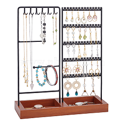 Iron Jewelry Display Stands, with Wooden Tray, Jewelry Organizer Holder for Earrings Bracelets Necklaces Storage, Black, 30.1x9.85x35.5cm(AJEW-WH0518-11A)