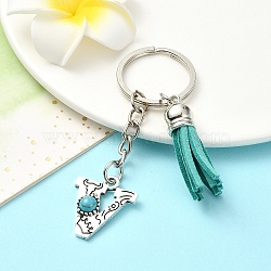 Alloy with Resin Imitation Synthetic Turquoise Keychain, with Tassel Pendant and Iron Rings, Letter V, 8cm, Pendant: 25~35mm(KEYC-YW00087-22)