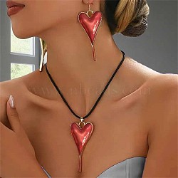 Heart Alloy Enamel Dangle Earrings & Pendantt Necklaces Sets for Women, Wax Rope Necklaces, FireBrick, 480mm(FS-WGEE934-01)