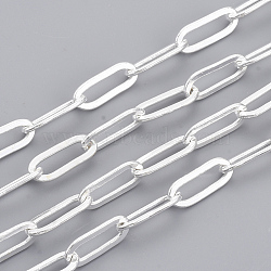 Brass Paperclip Chains, Flat Oval, Drawn Elongated Cable Chains, Soldered, with Spool, Cadmium Free & Lead Free, Silver Color Plated, 11x4.3x0.7mm, about 6.56 Feet(2m)/roll(X-CHC-S008-001B-S)